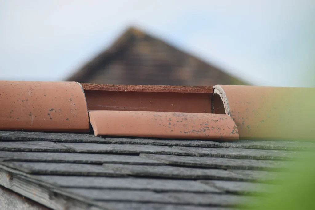 Broken roof tile on a residential roof, showing repair work offered by Speedy Roofing