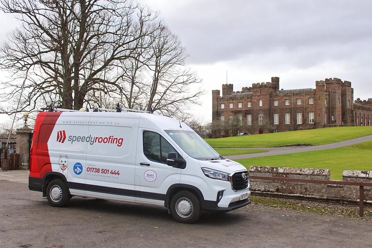 Speedy Roofing van parked near Scone Palace in Perth, Scotland.