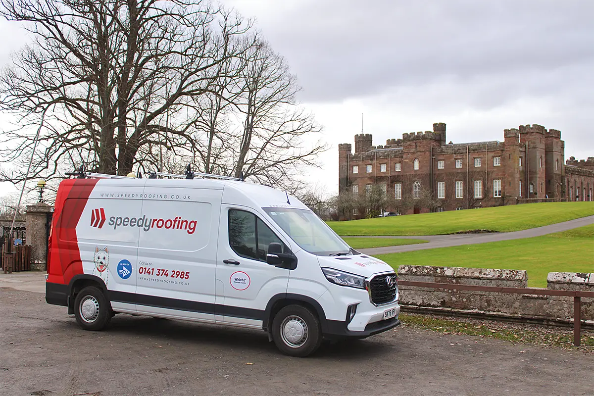 Speedy Roofing van parked near Scone Palace in Perth, Scotland