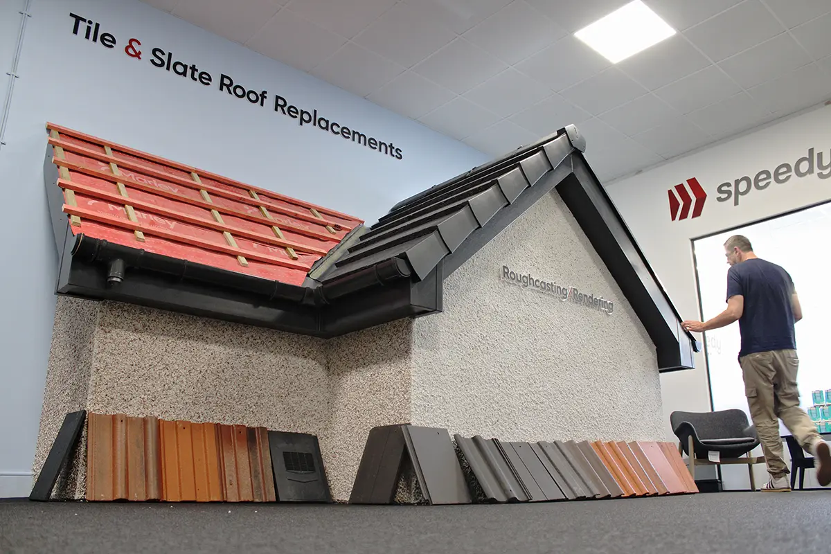 Inside the Speedy Roofing showroom in Blantyre — tile and material displays