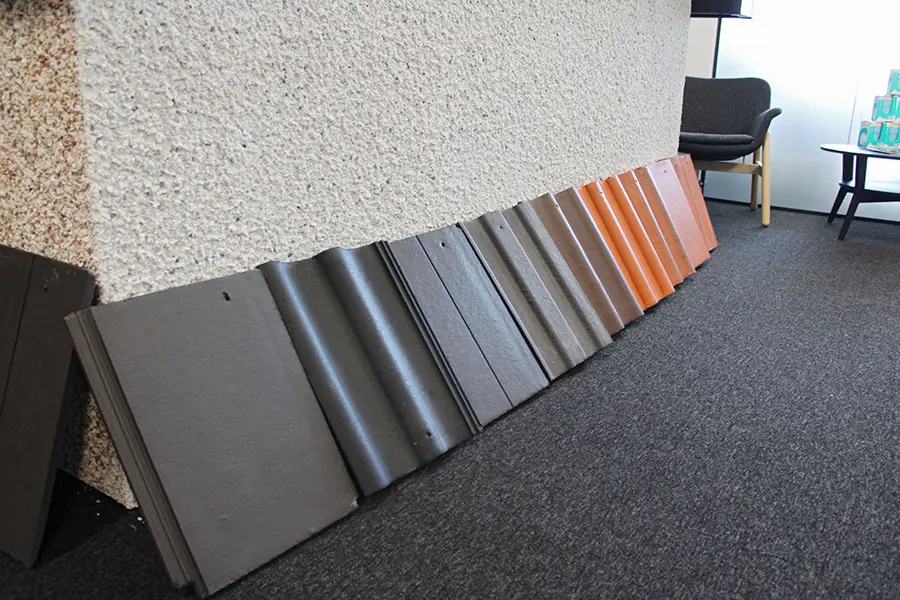 Roof tile samples on display at Speedy Roofing showroom Blantyre