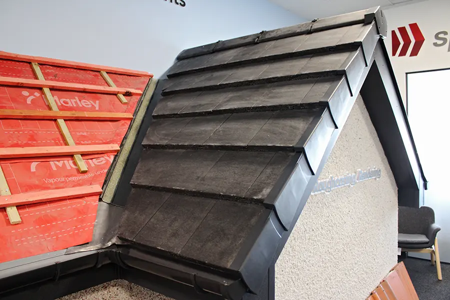 uPVC fascia, soffit and guttering displays at Speedy Roofing showroom Blantyre
